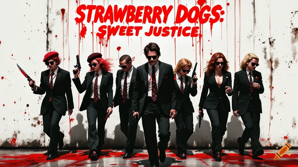 A group of six stern-faced individuals in dark suits and sunglasses, some holding weapons, walk forward against a blood-splattered white wall with the red title 'STRAWBERRY DOGS: SWEET JUSTICE'.