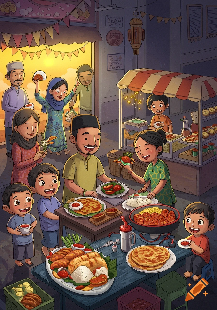 Cartoon illustration of a happy family and children enjoying a meal at a vibrant outdoor food stall, with many dishes.