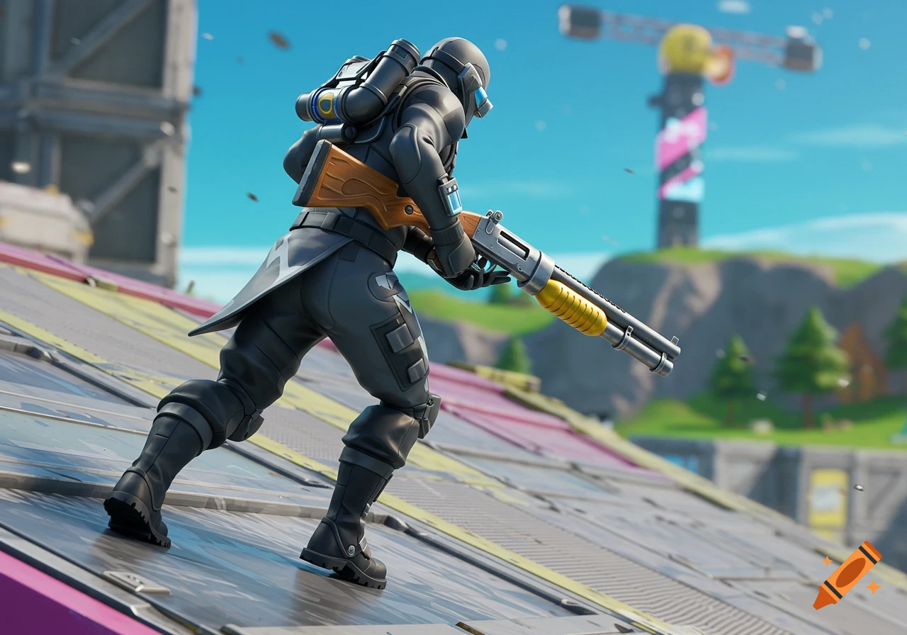 A Fortnite character in dark gear with a shotgun runs up a ramp in a vibrant game environment.