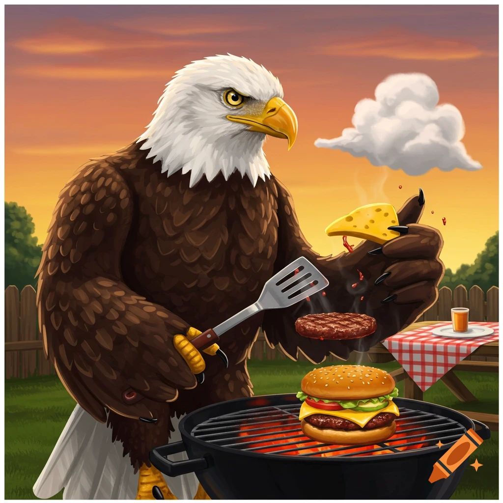 A cartoon bald eagle grills hamburgers at sunset, holding a spatula and a piece of cheese over the grill.