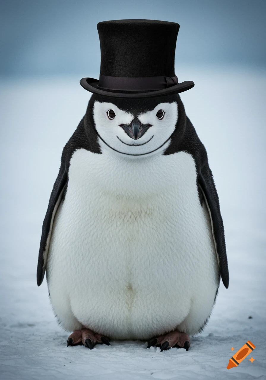 A photorealistic image of a chubby penguin wearing a black top hat, standing on a snowy ground with a blurred light blue background.