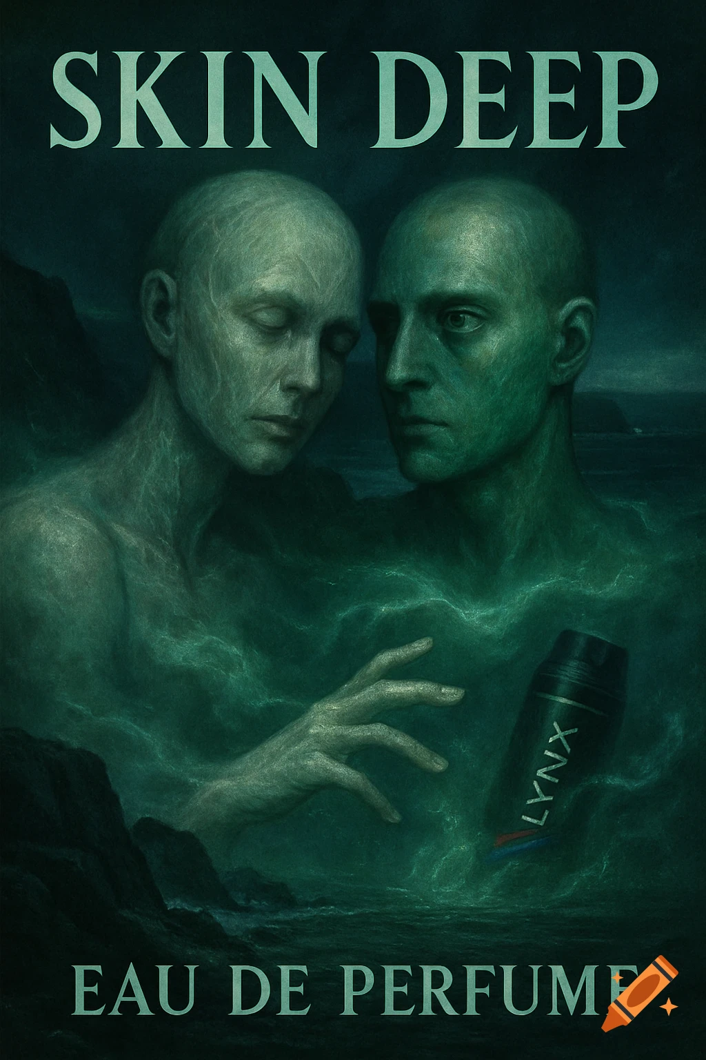 A surreal, dark book cover with two pale, translucent figures in murky green water, with a Lynx can. Text: 'SKIN DEEP', 'EAU DE PERFUME'.