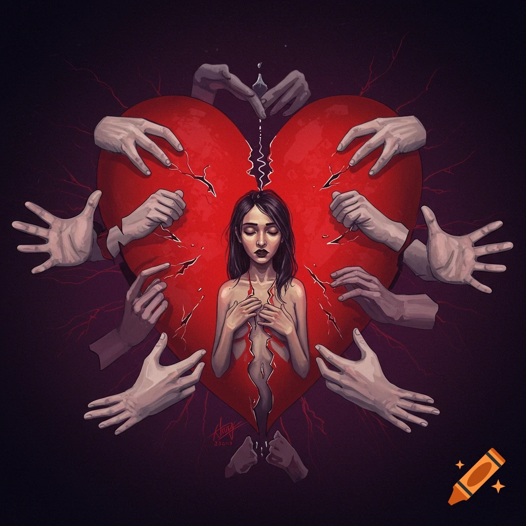 A symbolic illustration of a woman in the middle of a large, cracked red heart, surrounded by many hands pulling the heart apart.