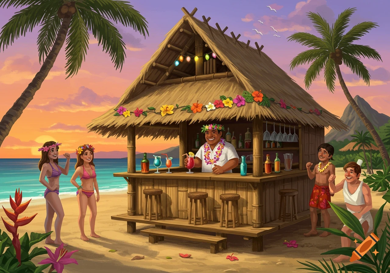 A colorful illustration of a tiki hut bar on a tropical beach at sunset with people enjoying drinks.