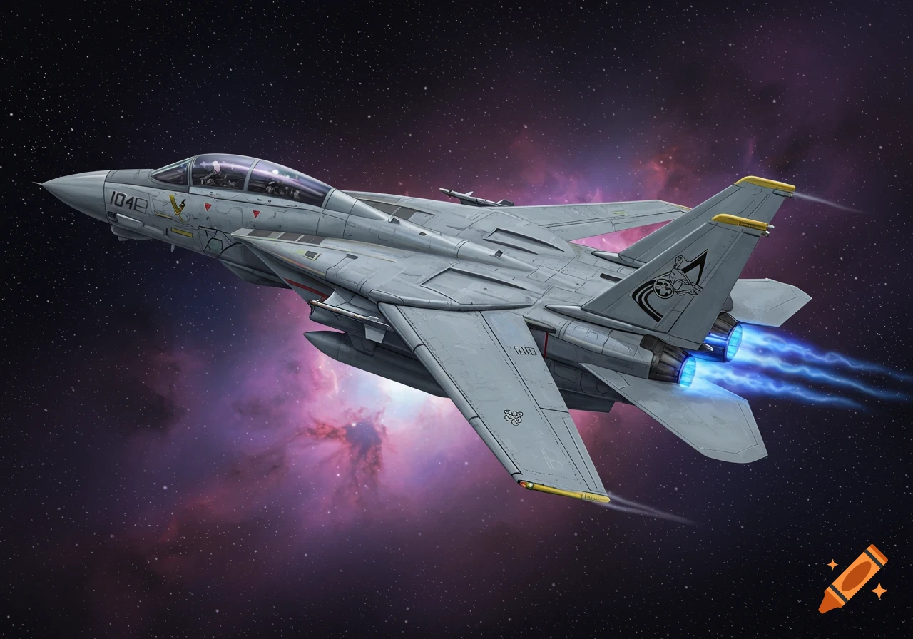A detailed F-14 fighter jet with glowing blue engines flying through a starry, purple and pink nebula in space.