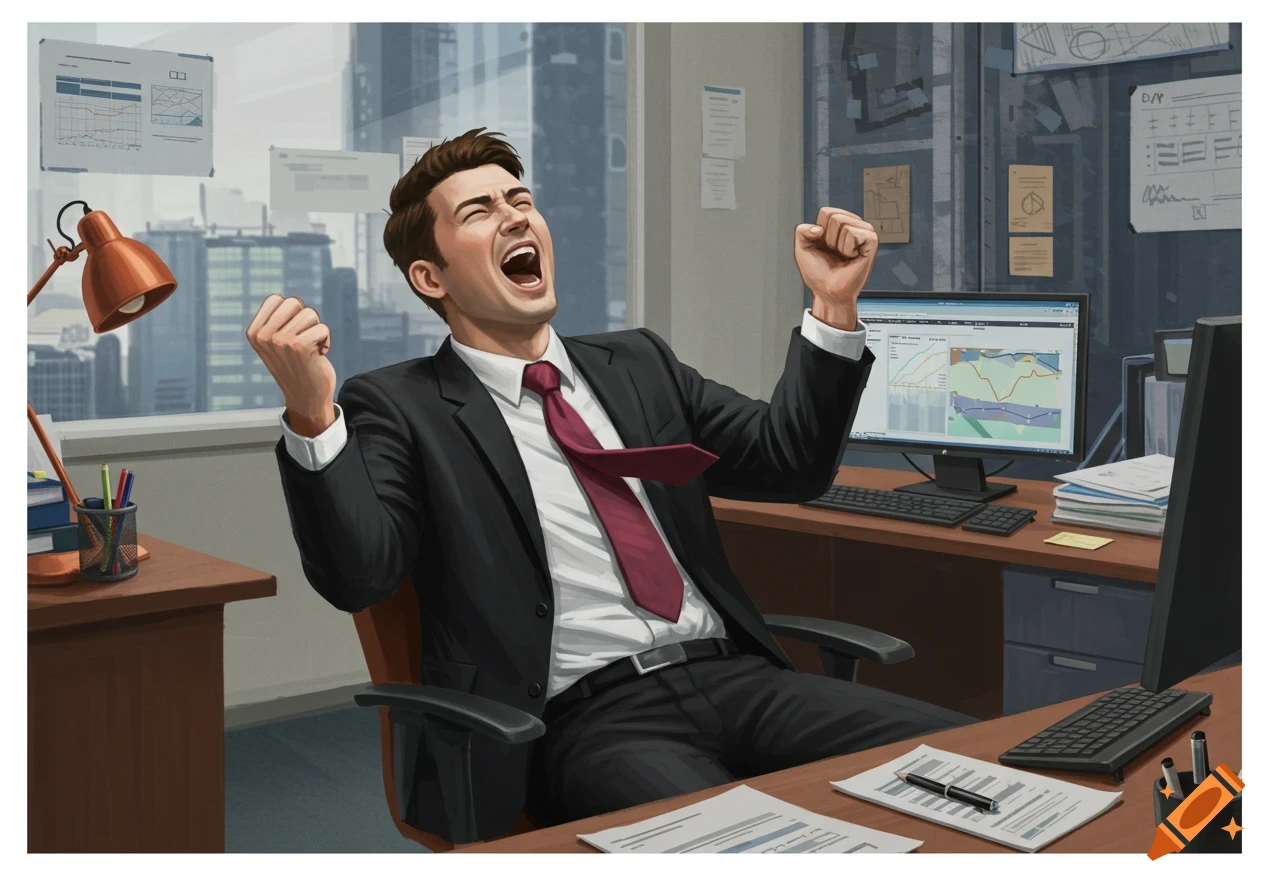 An excited businessman in a suit raises his fists in triumph at his office desk, with charts on his computer and papers scattered around.