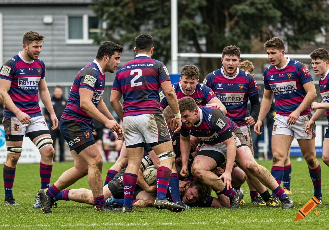 A group of male rugby players in blue and red striped jerseys and white shorts engaged in a scrum on a green grassy field.