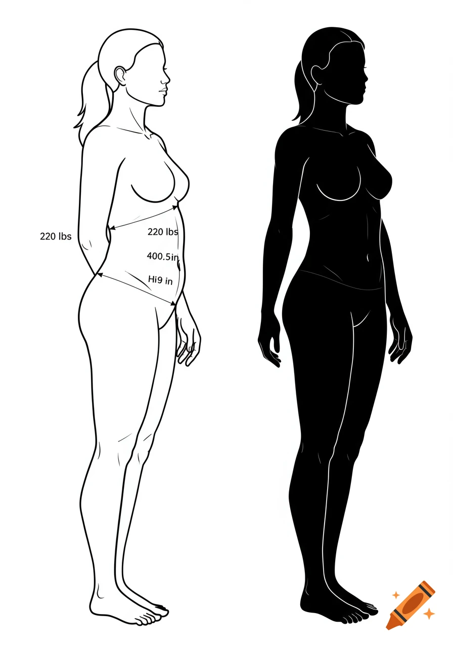 Two side-by-side female silhouettes in profile, one in outline with measurement labels and one solid black, representing weight difference.