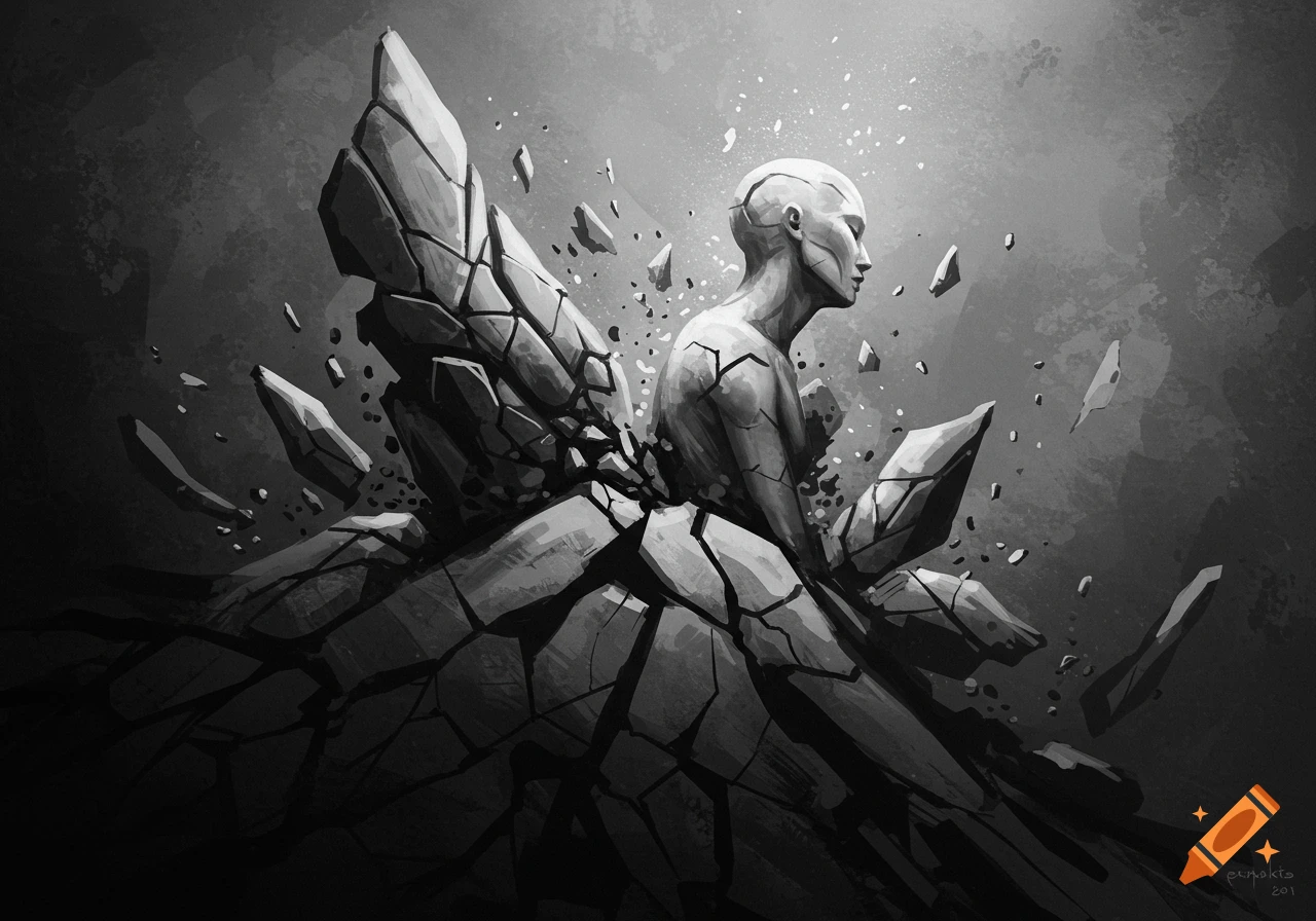 Monochrome digital painting of a stylized humanoid figure emerging from shattered rock, symbolizing transformation.