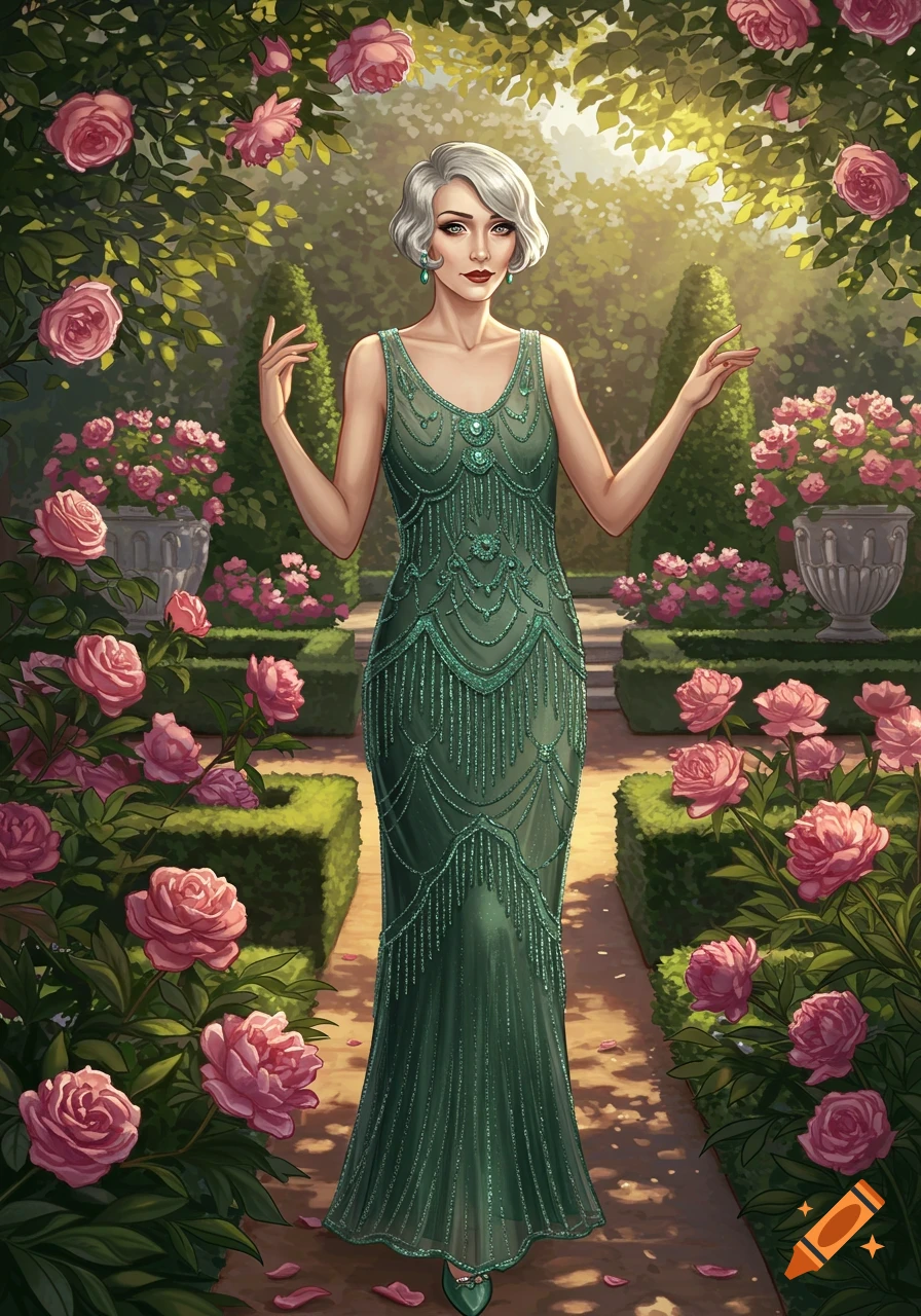 A woman with short grey hair in a green 1920s dress stands in a vibrant rose garden, illustration style.