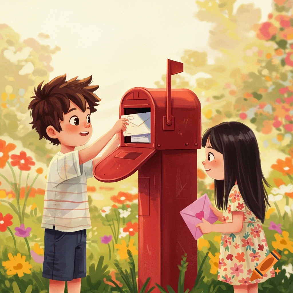 Cute illustration of a boy putting a letter in a red mailbox while a girl holds a pink letter in a sunny flower garden.