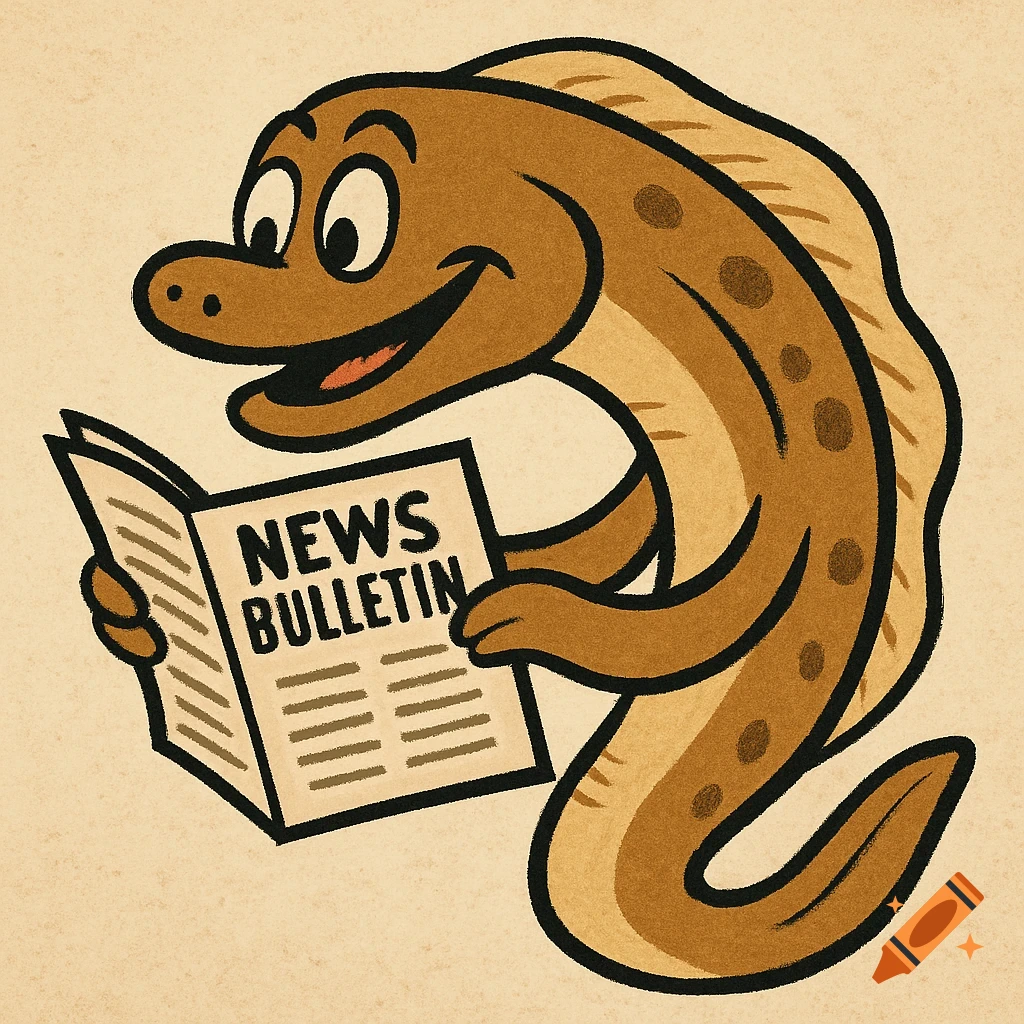 A retro cartoon eel with a big smile reads a newspaper titled "NEWS BULLETIN".