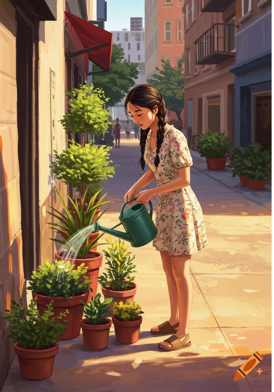 An illustrated image of a woman with braided hair watering potted plants on a sunny city sidewalk.