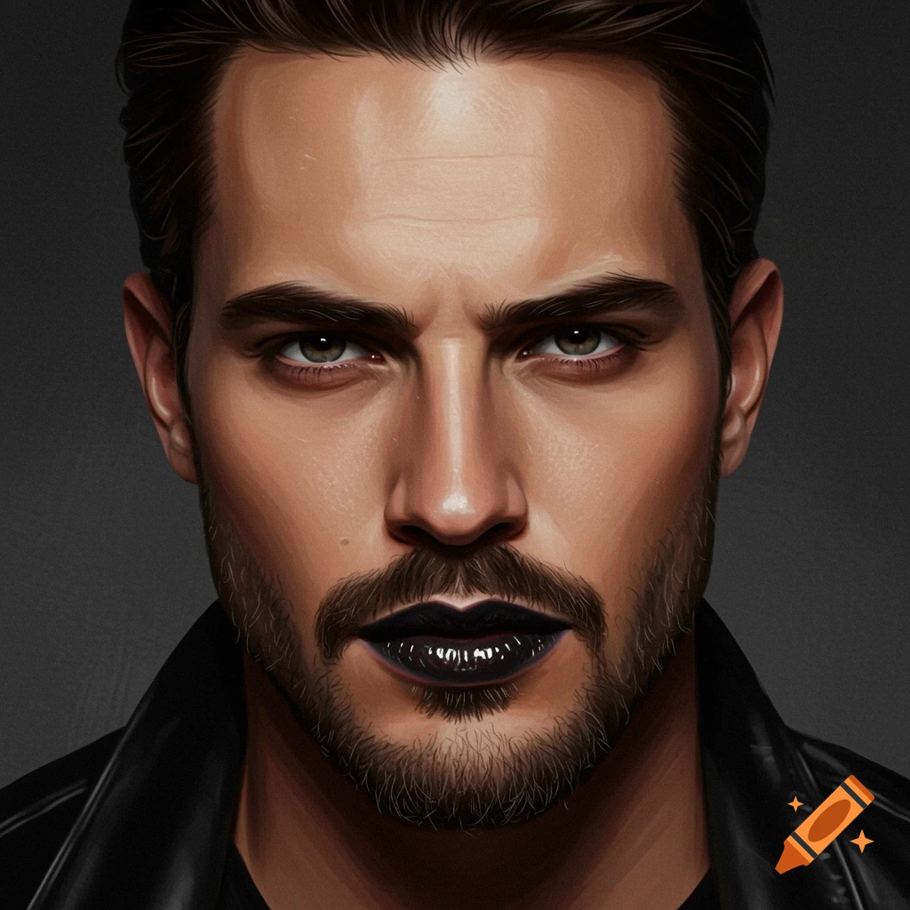 Digital painting of a masculine man with a goatee and black glossy lipstick, wearing a leather jacket.
