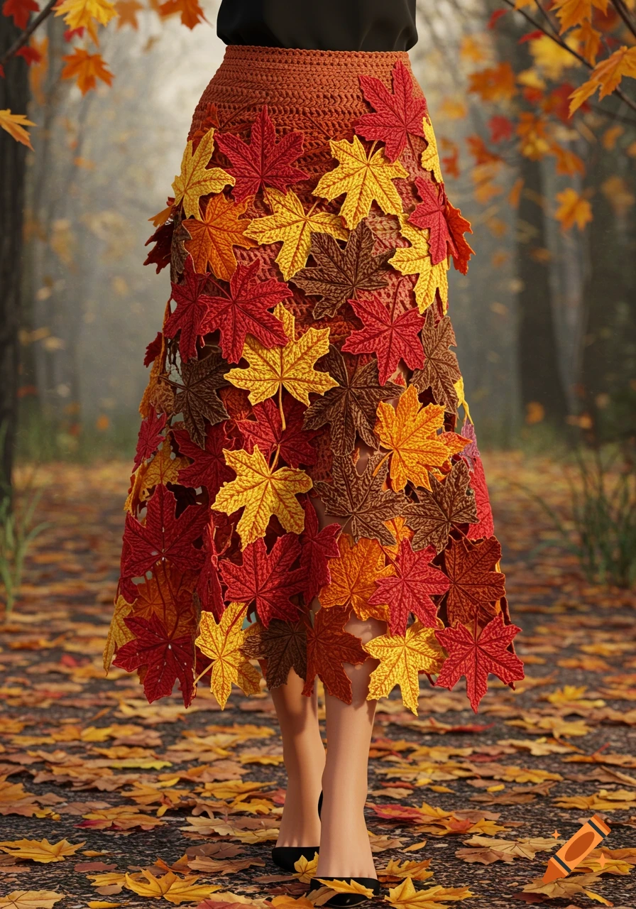 A person wears a photorealistic midi-length skirt made of crocheted red, orange, yellow, and brown maple leaves in an autumn forest.