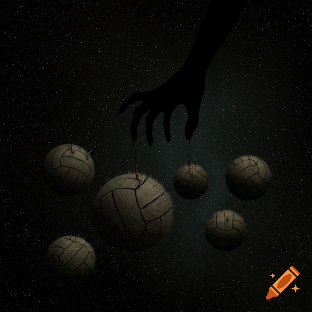 A shadowy hand reaches into a dark, starry void, manipulating several hairy, spiky volleyballs with thin strands.