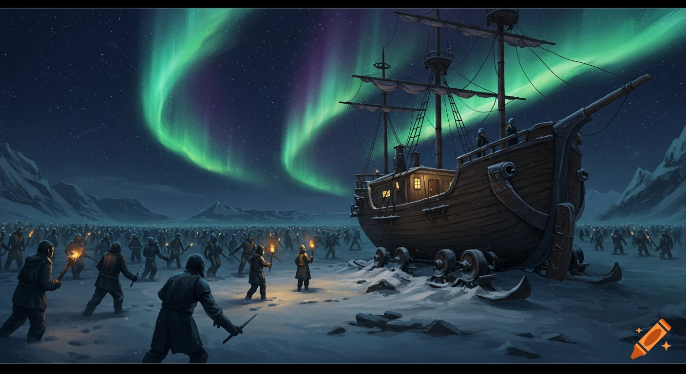 A steampunk ship on skis in a snowy landscape at night under the aurora borealis, surrounded by a horde and a few torch-wielding defenders.