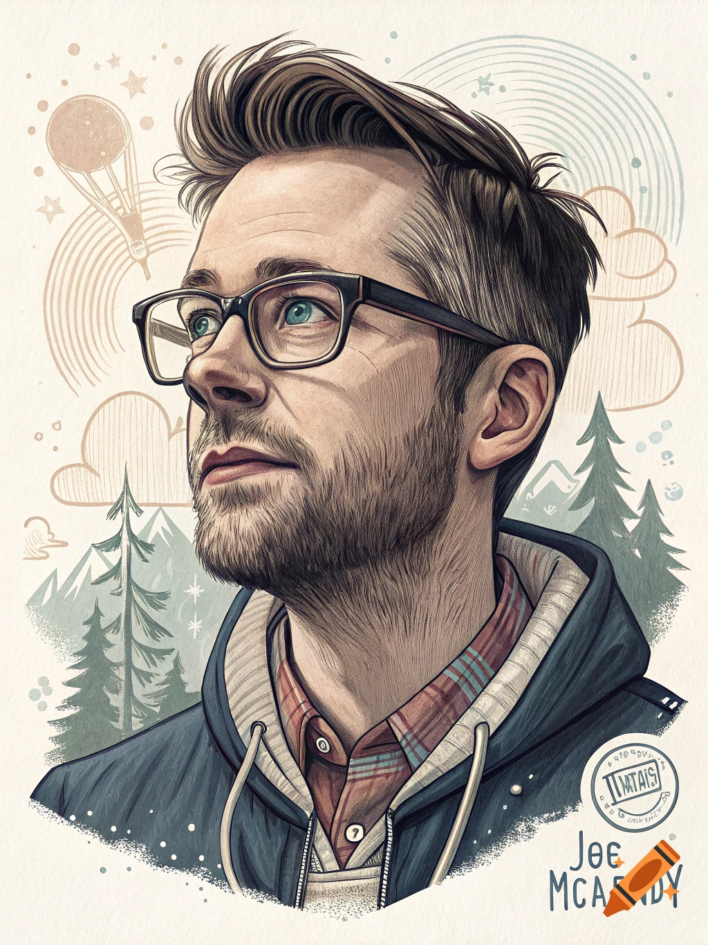 A stylized portrait illustration of a man with a beard and glasses looking up, with mountains, trees, clouds, and a hot air balloon in the background.