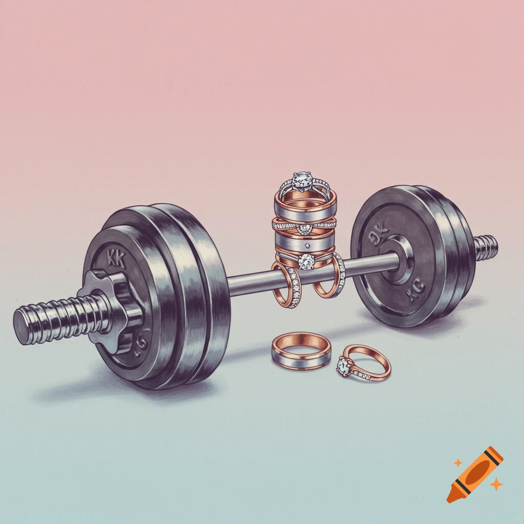 An illustration of a barbell with its weight plates replaced by stacks of wedding rings, set against a pink and blue gradient background.
