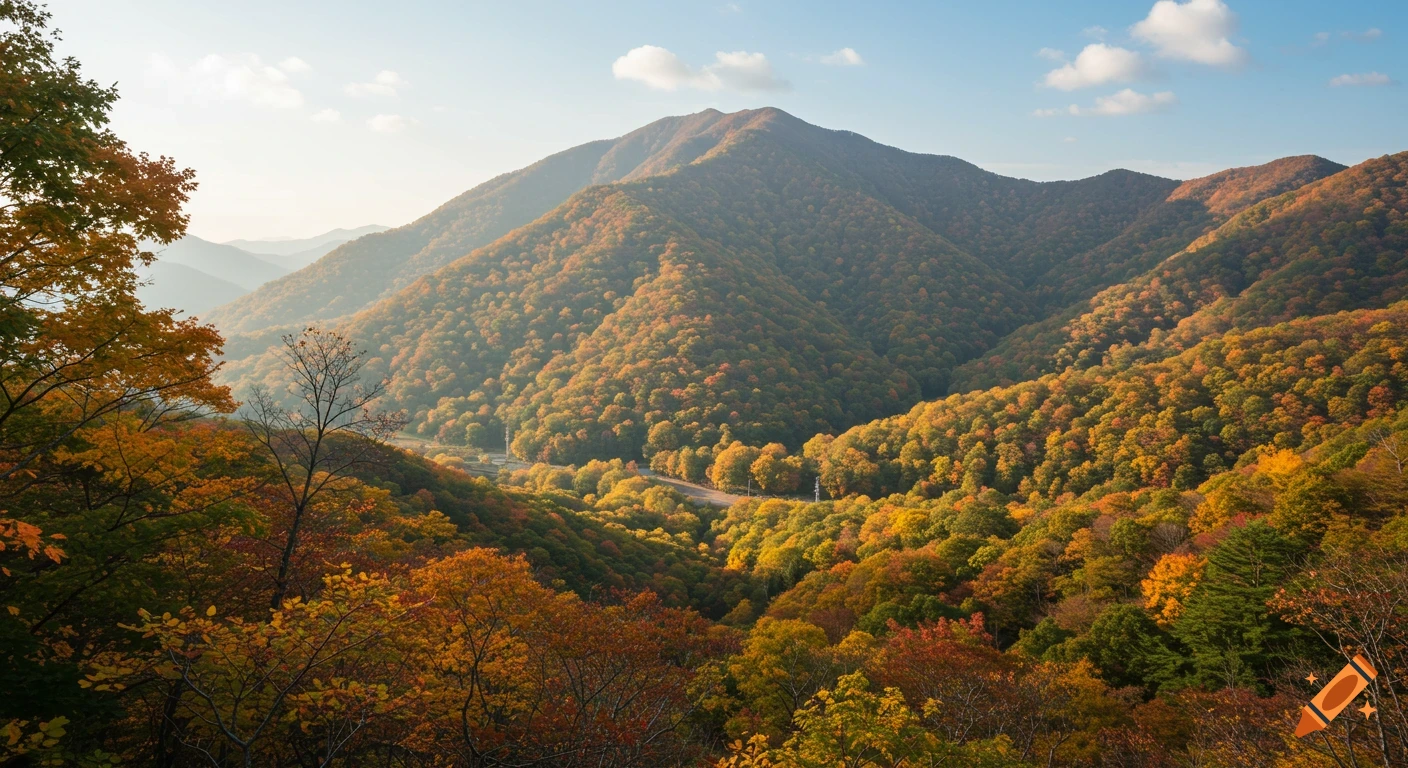 A scenic mountain landscape in autumn, with slopes covered in colorful orange, yellow, and green trees under a clear sky.
