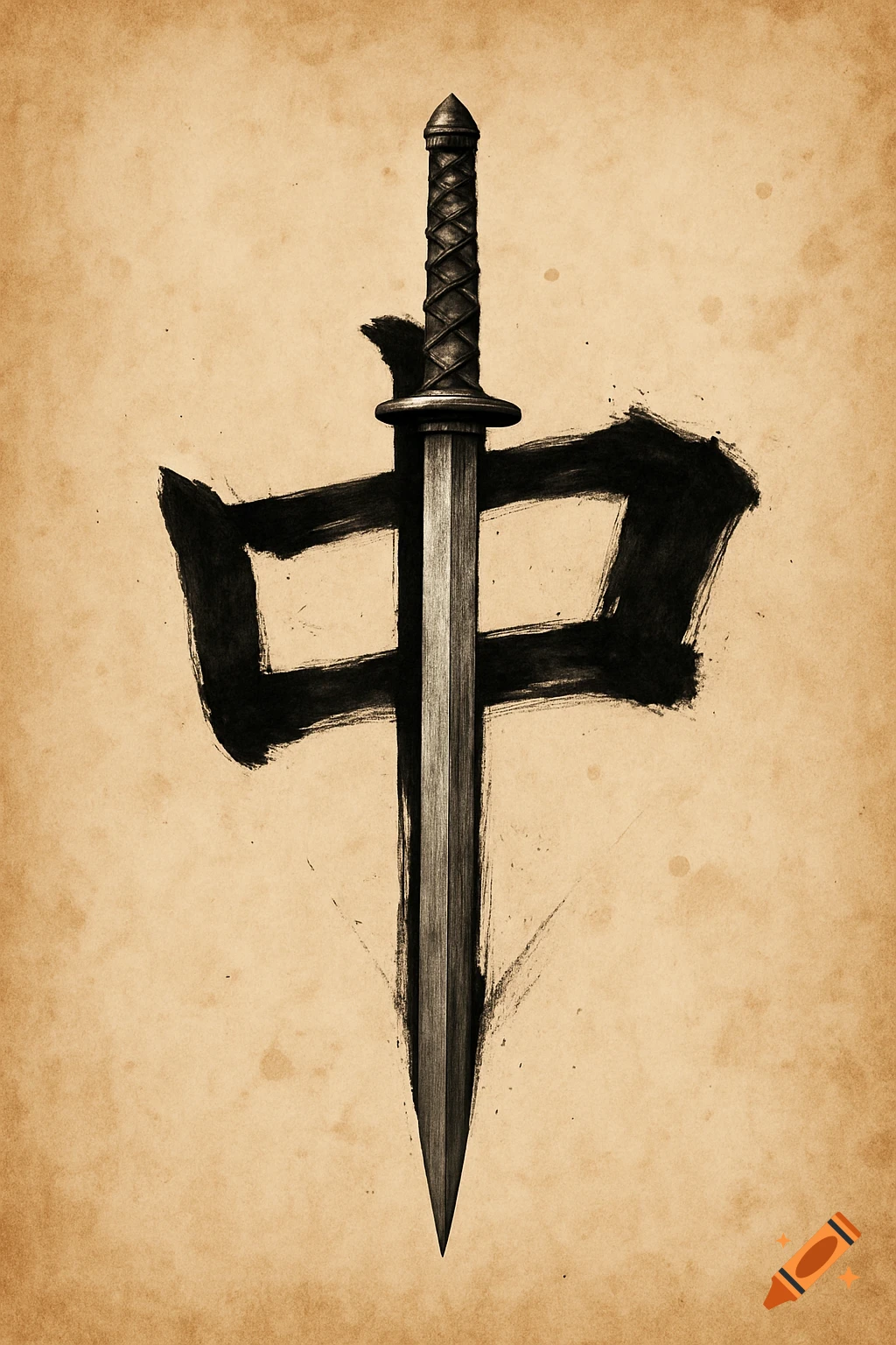 A dark, stylized sword vertically positioned over a bold black kanji character '中' on aged, light brown paper, with brush stroke textures.