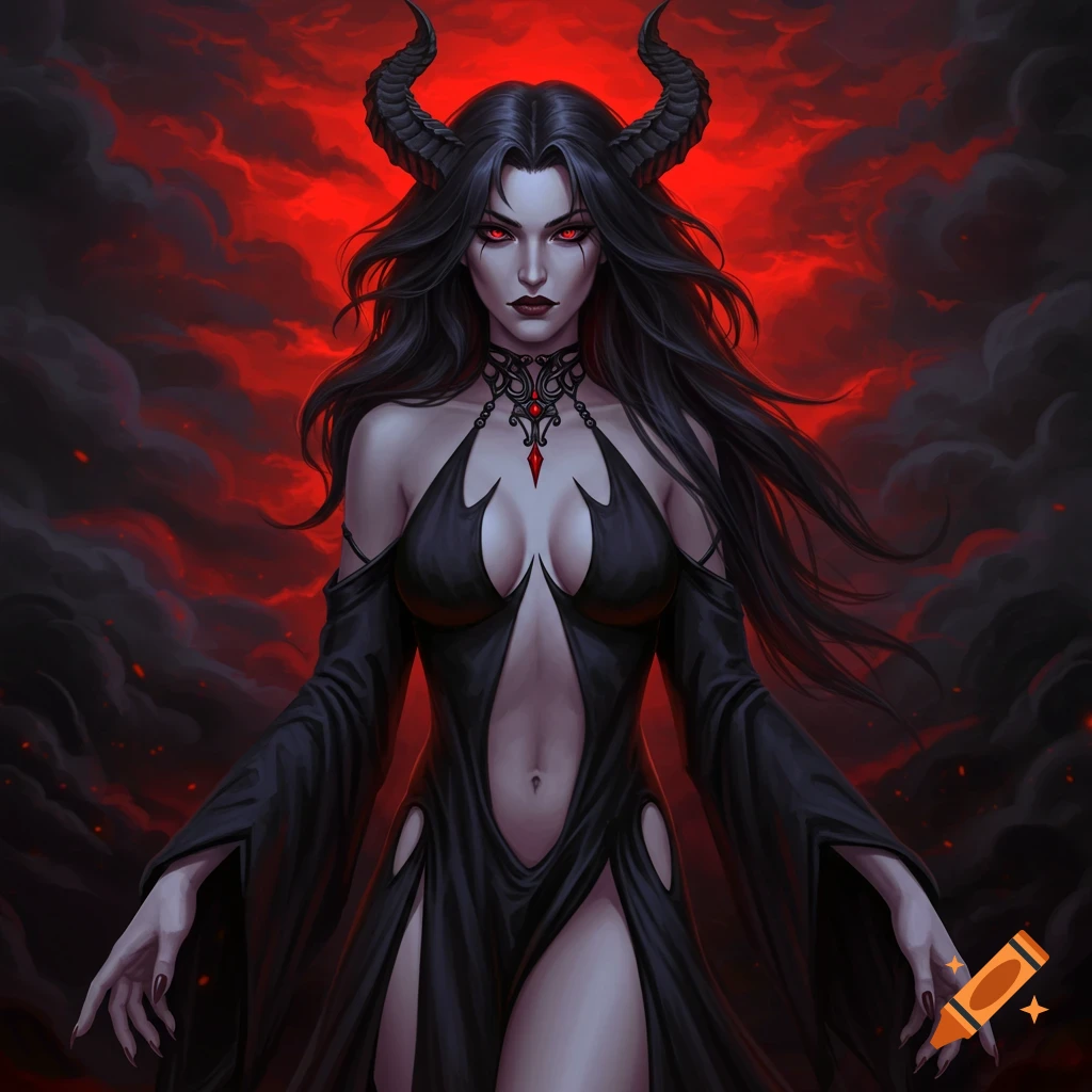 A dark fantasy illustration of a demon woman with horns, red eyes, and a black, revealing dress against a fiery red smoky background.