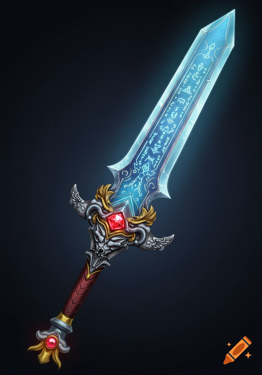 A glowing blue fantasy sword with ornate gold and silver hilt, a red gem, and mystic runes on the blade against a dark background.