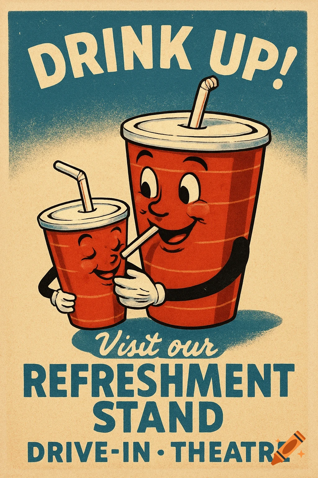 A vintage 1950s style advertisement poster with anthropomorphic red soda cups and text about a drive-in theatre refreshment stand.