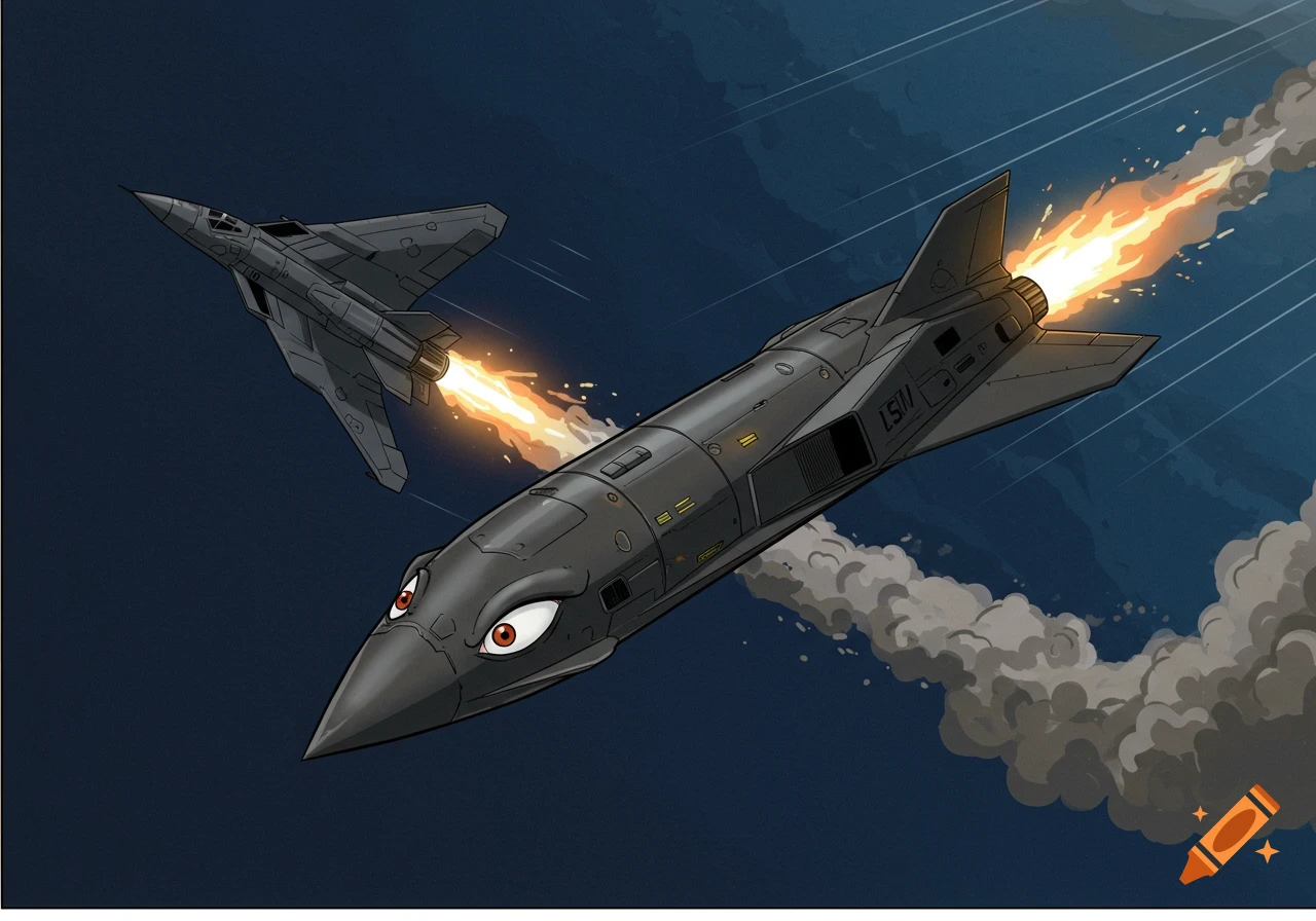 A cartoon missile with human eyes flies through the sky, chasing an F-117 stealth fighter.