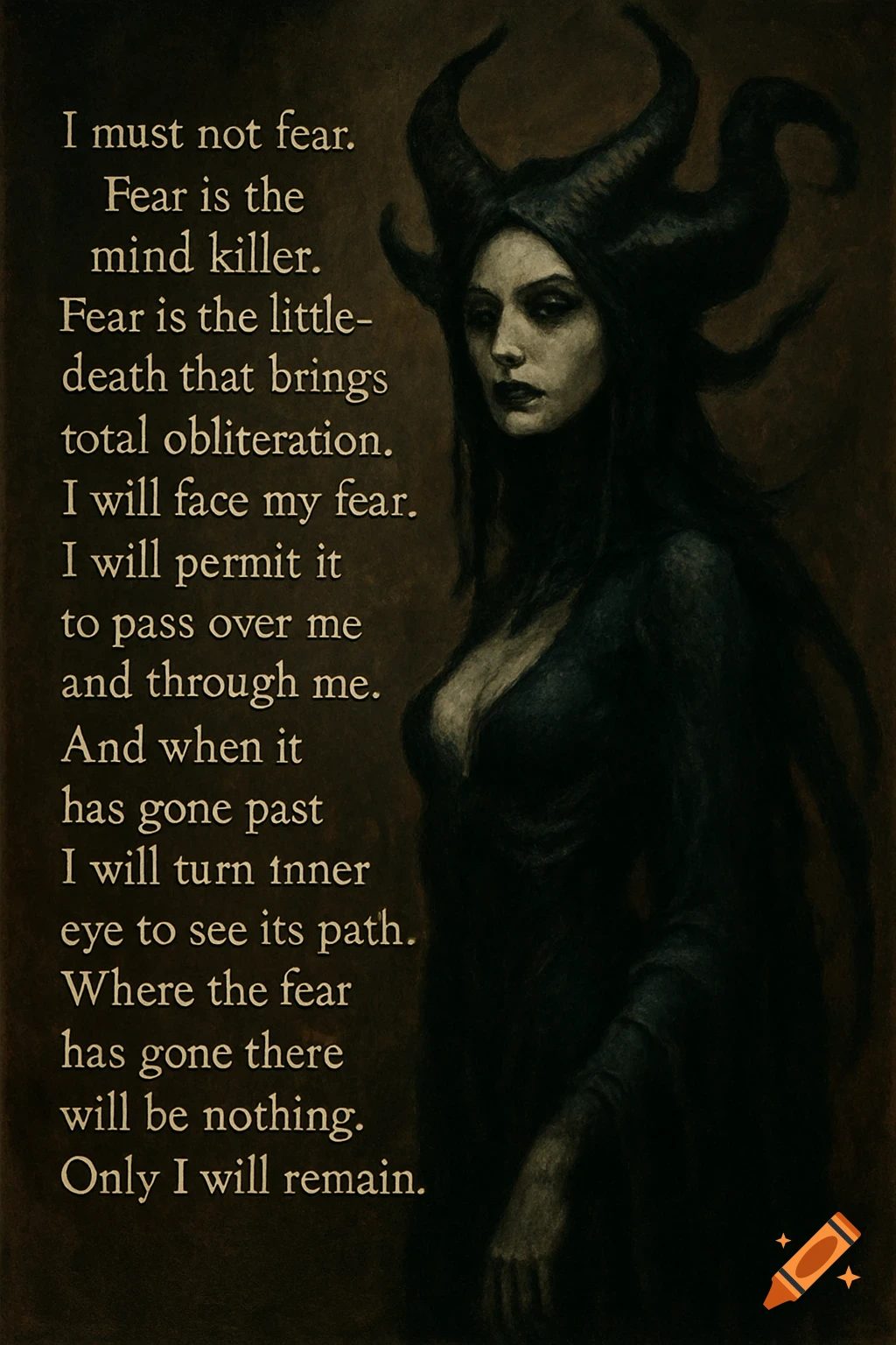 A dark, somber painting of a horned woman in black, standing beside a lengthy quote about fear and resilience.