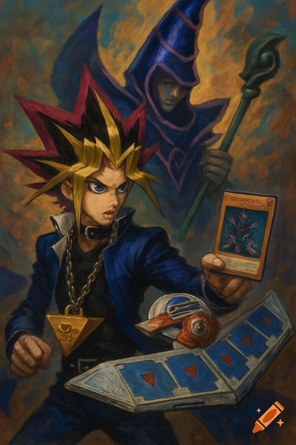 Yugi Muto holds a trading card with a Dark Magician in the background, in a dynamic anime-style painting.