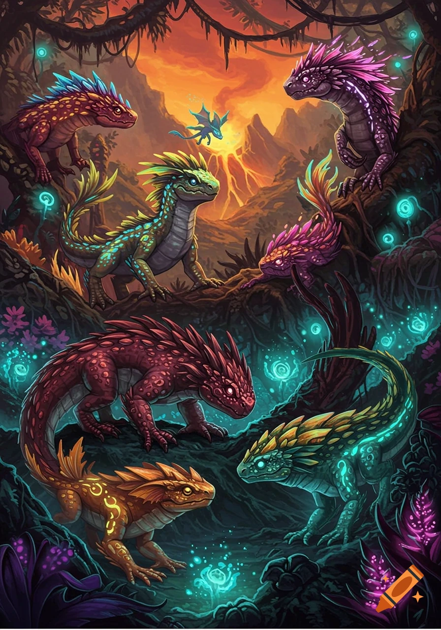 Colorful, stylized dragon-like creatures in a vibrant fantasy jungle with glowing plants and a volcanic background.