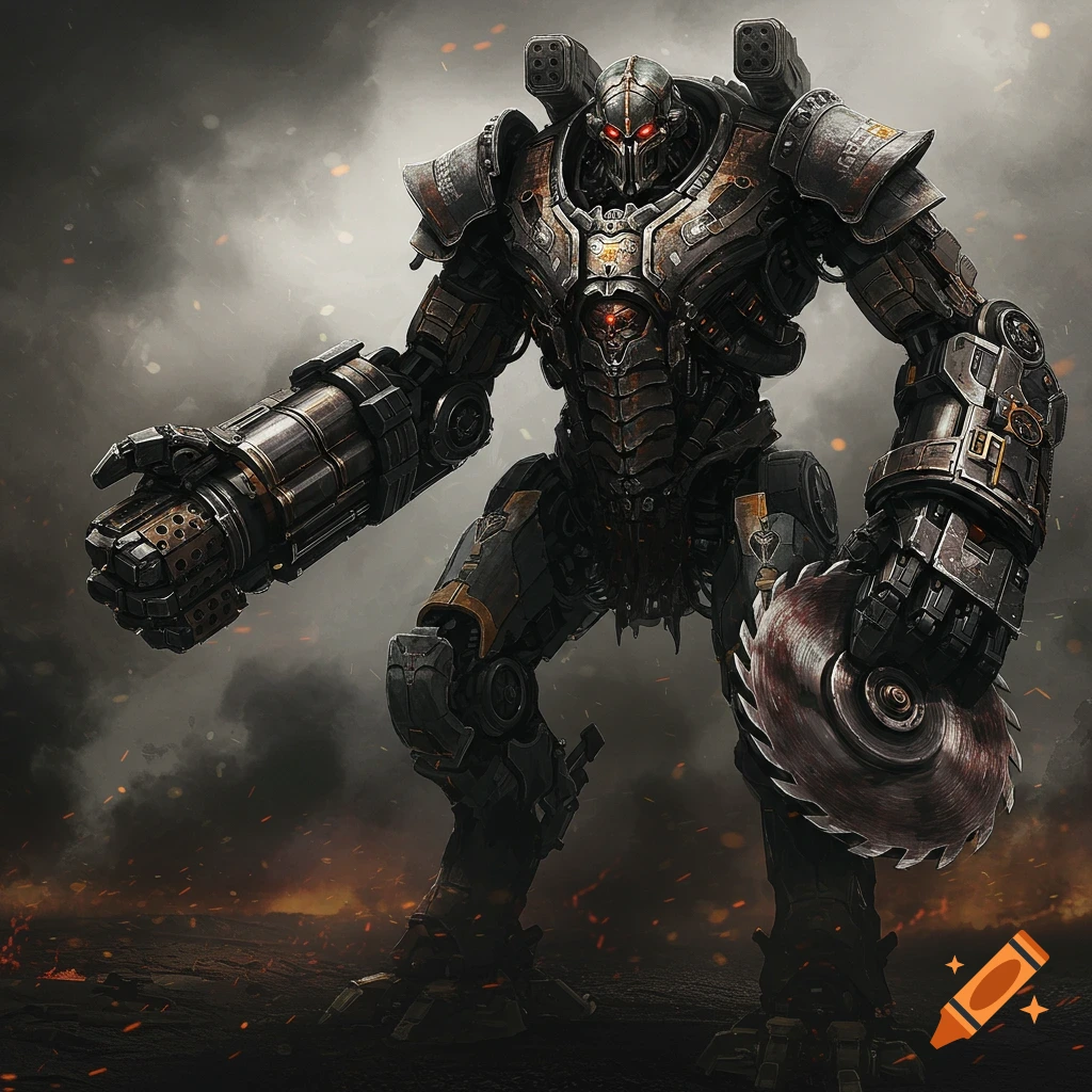 A massive, menacing, heavily armored robot with glowing red eyes, an arm cannon, and a large buzzsaw, standing in a smoky, war-torn landscape.