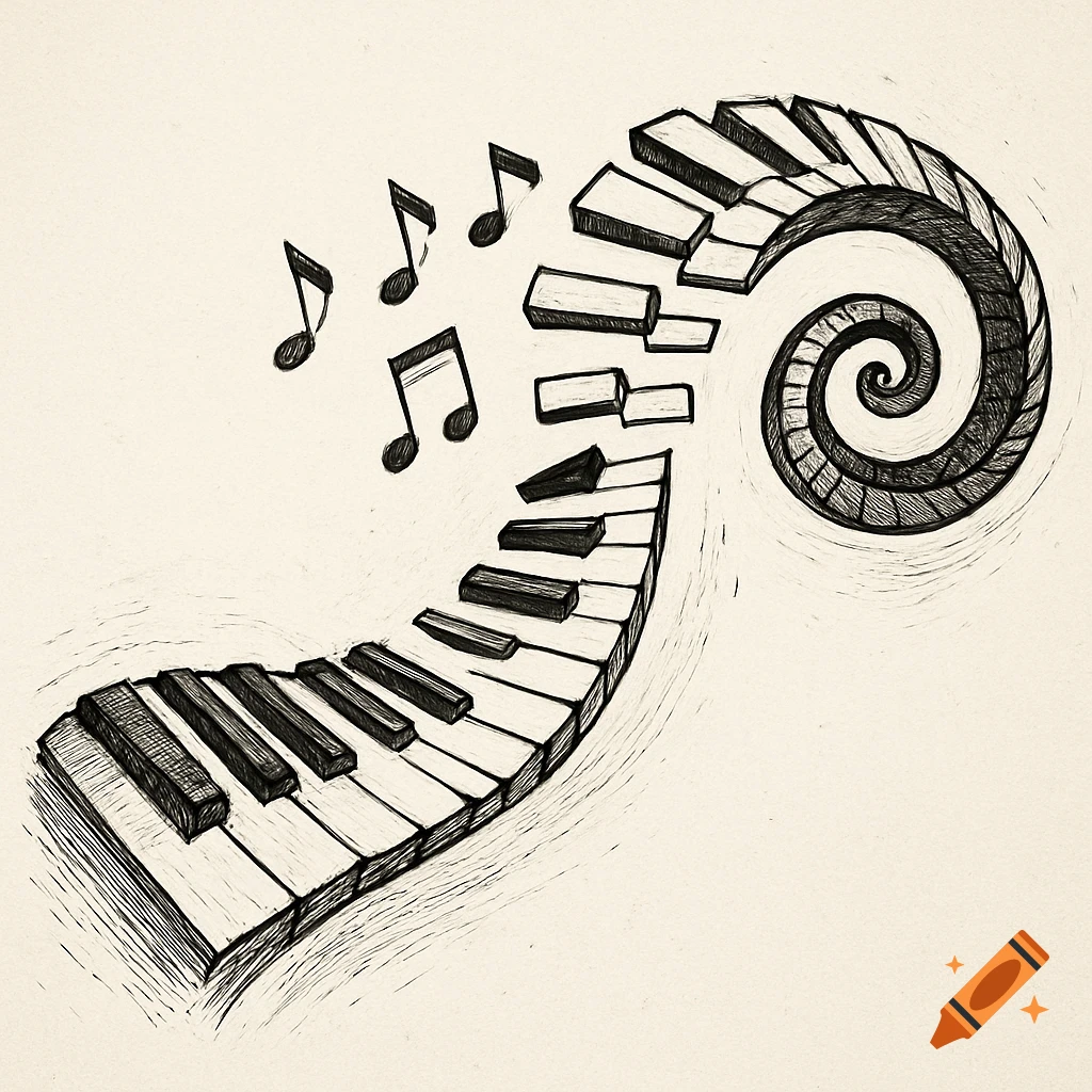 A pen and ink sketch of piano keys forming a wavy, spiraling design with floating music notes.