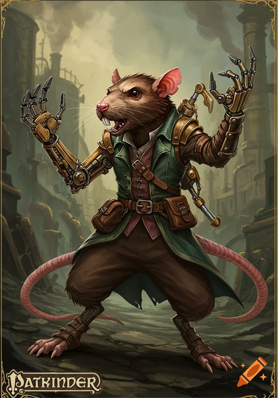 A ratfolk character with mechanical arms and a green coat stands in a steampunk cityscape. Illustrated fantasy art.