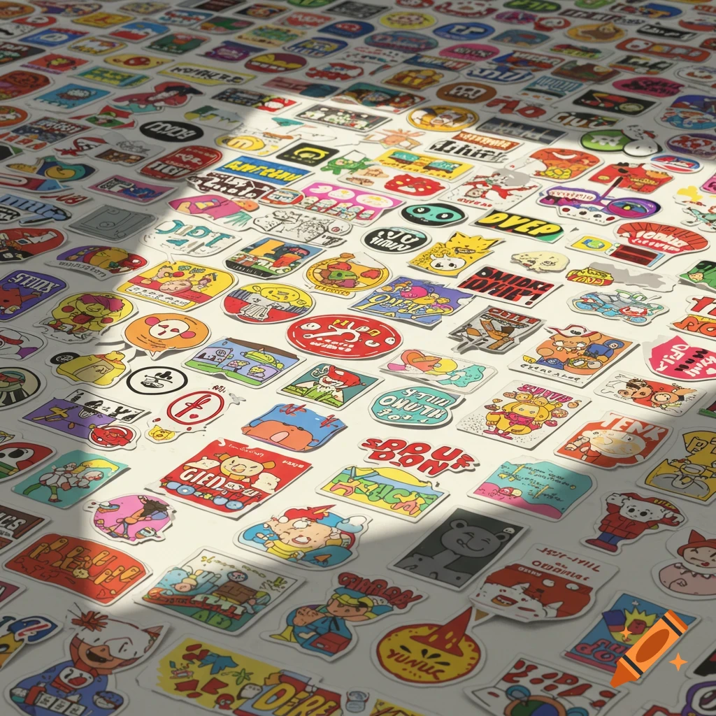 A tabletop covered in various colorful, cartoon-style stickers, with sunlight casting shadows across them.
