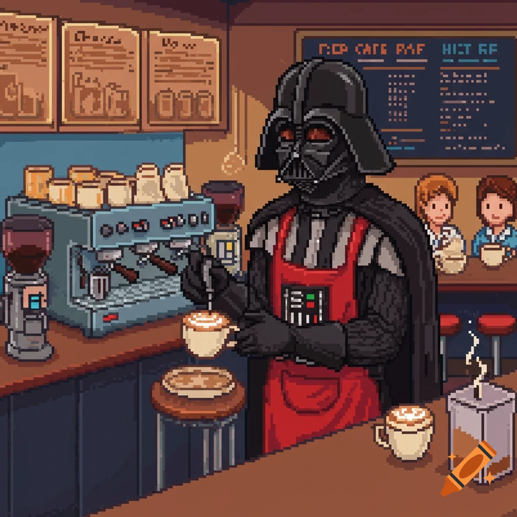 Pixel art of Darth Vader in a red apron making latte art at an espresso machine in a coffee shop.