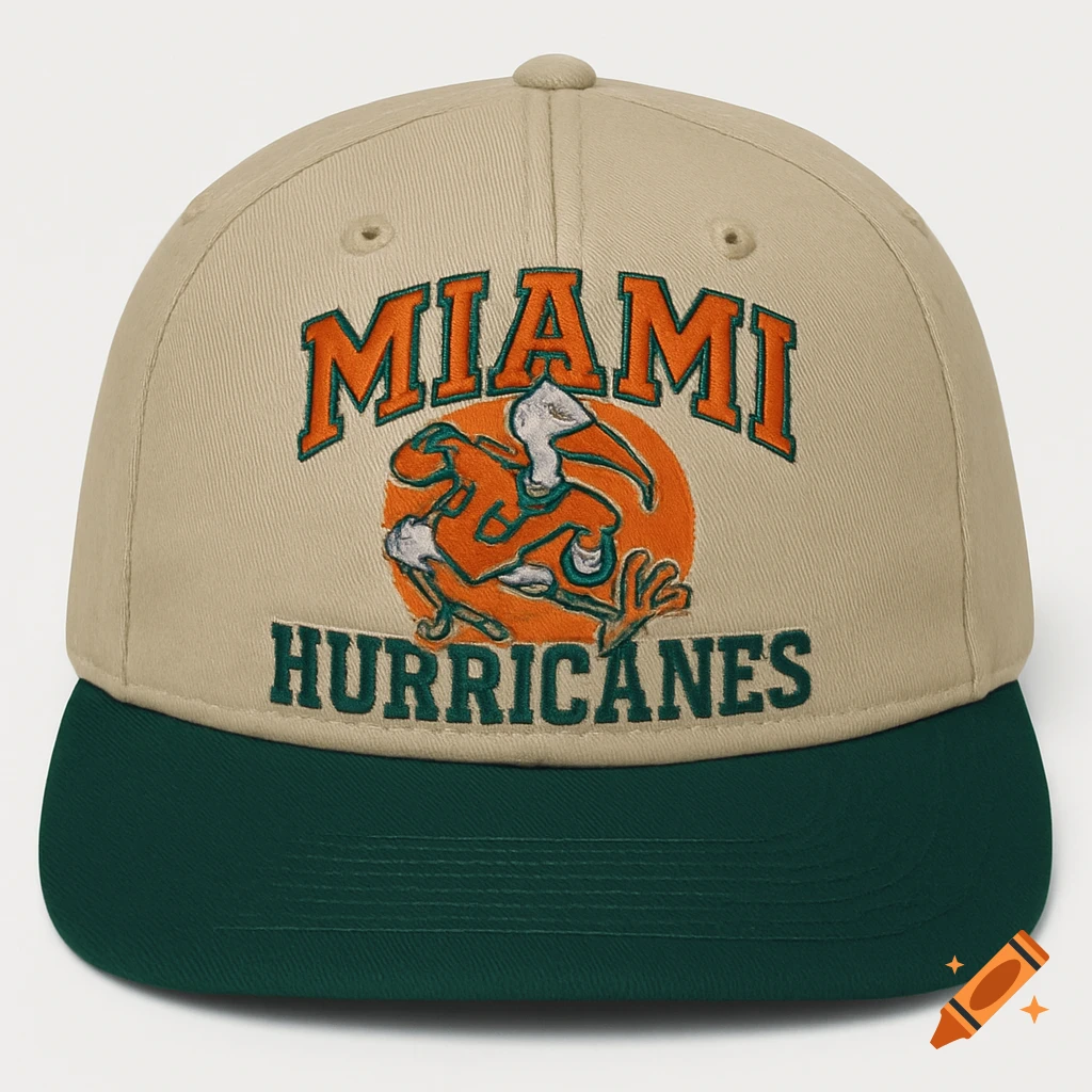 A beige and dark green baseball cap featuring the embroidered Miami Hurricanes logo with a pelican mascot and 'MIAMI HURRICANES' text.