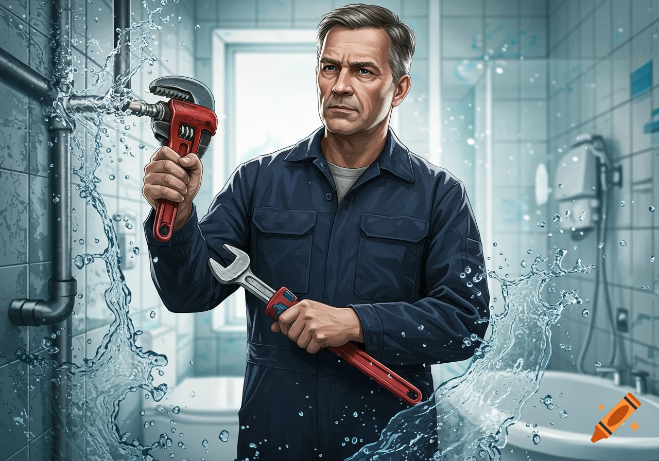 A male plumber in a blue uniform holds two wrenches as water sprays from a leaky pipe in a bathroom.