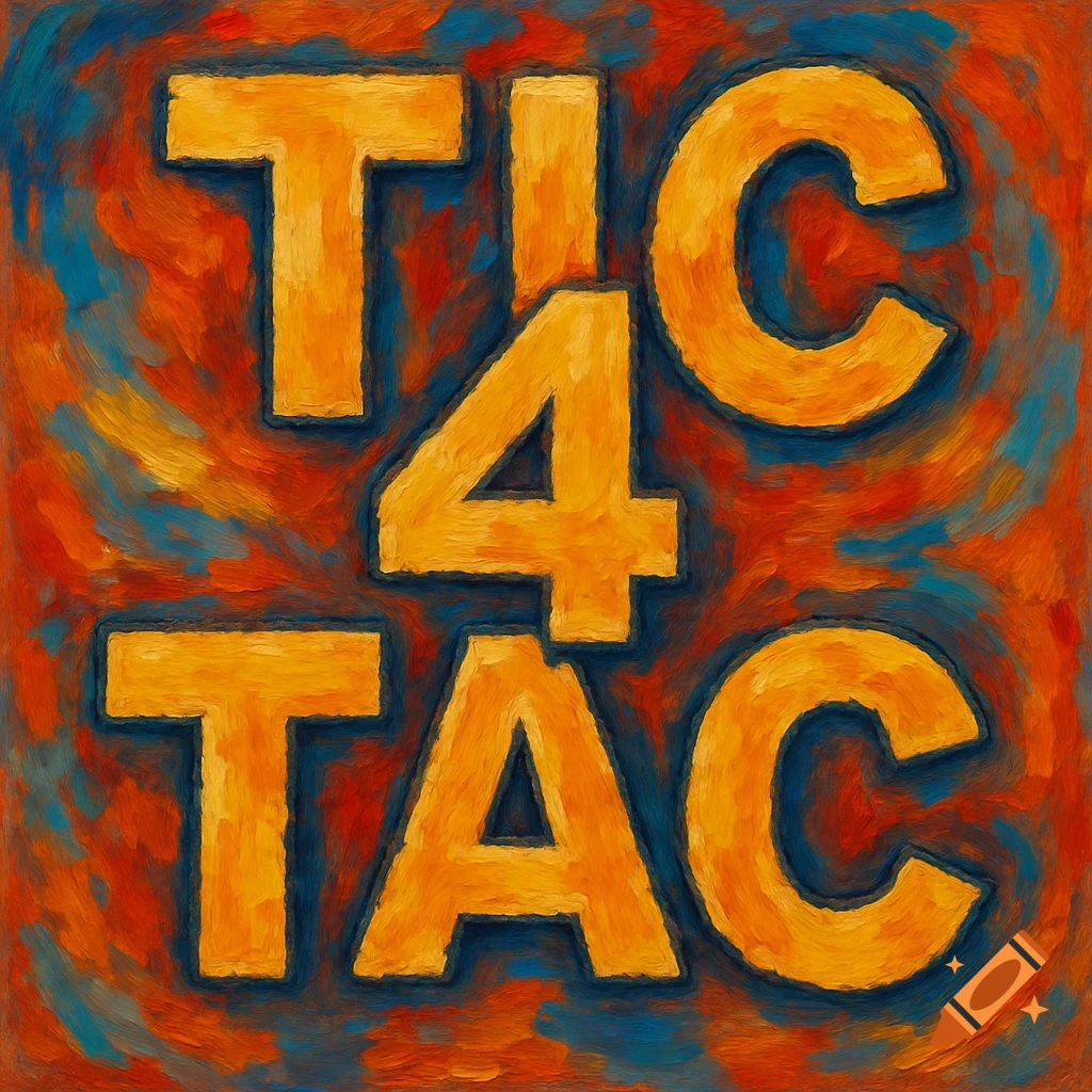 Bold orange and yellow letters spelling 'TIC 4 TAC' with a blue outline against an abstract red, orange, and blue painterly background.