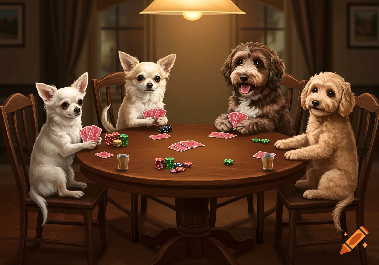 Four dogs, including chihuahuas and doodles, sitting at a wooden table playing poker with chips and cards.