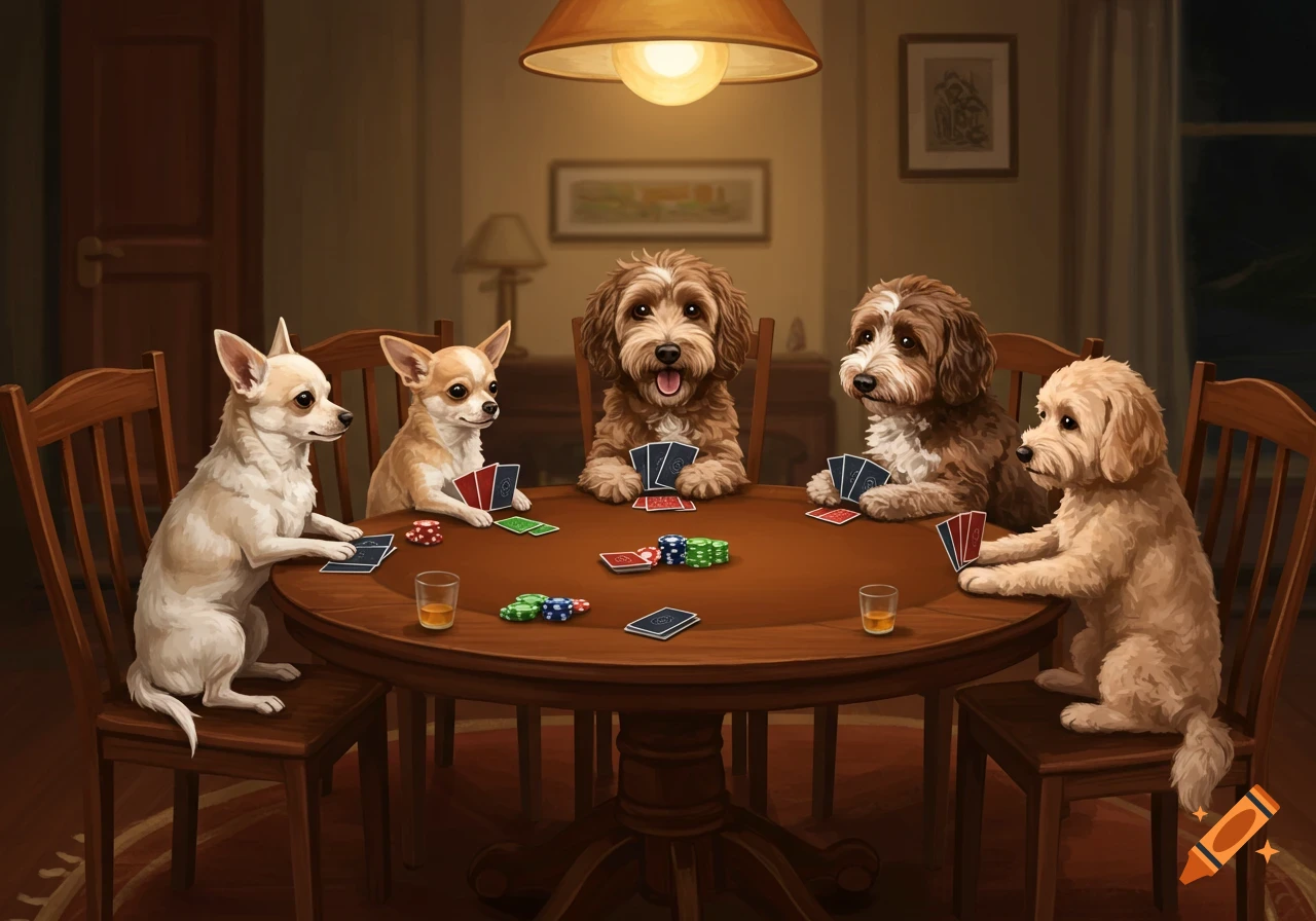 Five dogs, including Chihuahuas and doodles, sit around a wooden table playing poker with cards and chips in a warm, cozy room.
