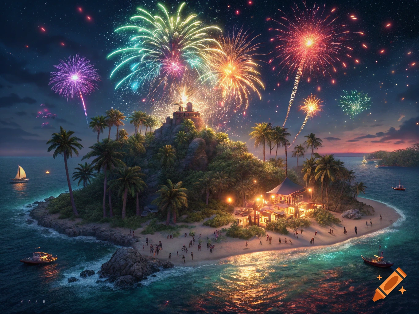 A vibrant night scene on a tropical island with colorful fireworks exploding over a hill and people gathered on the beach.