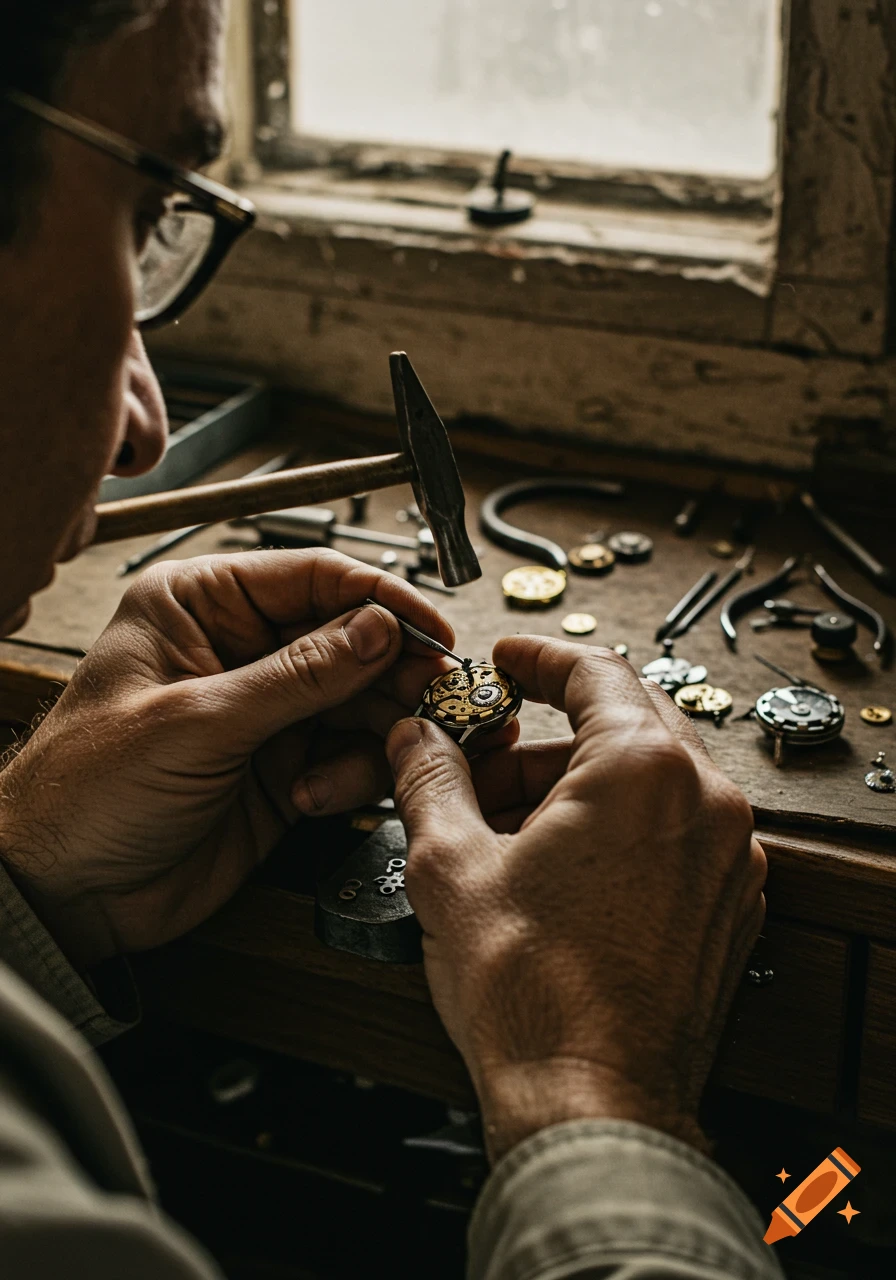 Close-up of a person's hands delicately repairing a watch movement with tools on a cluttered wooden workbench.