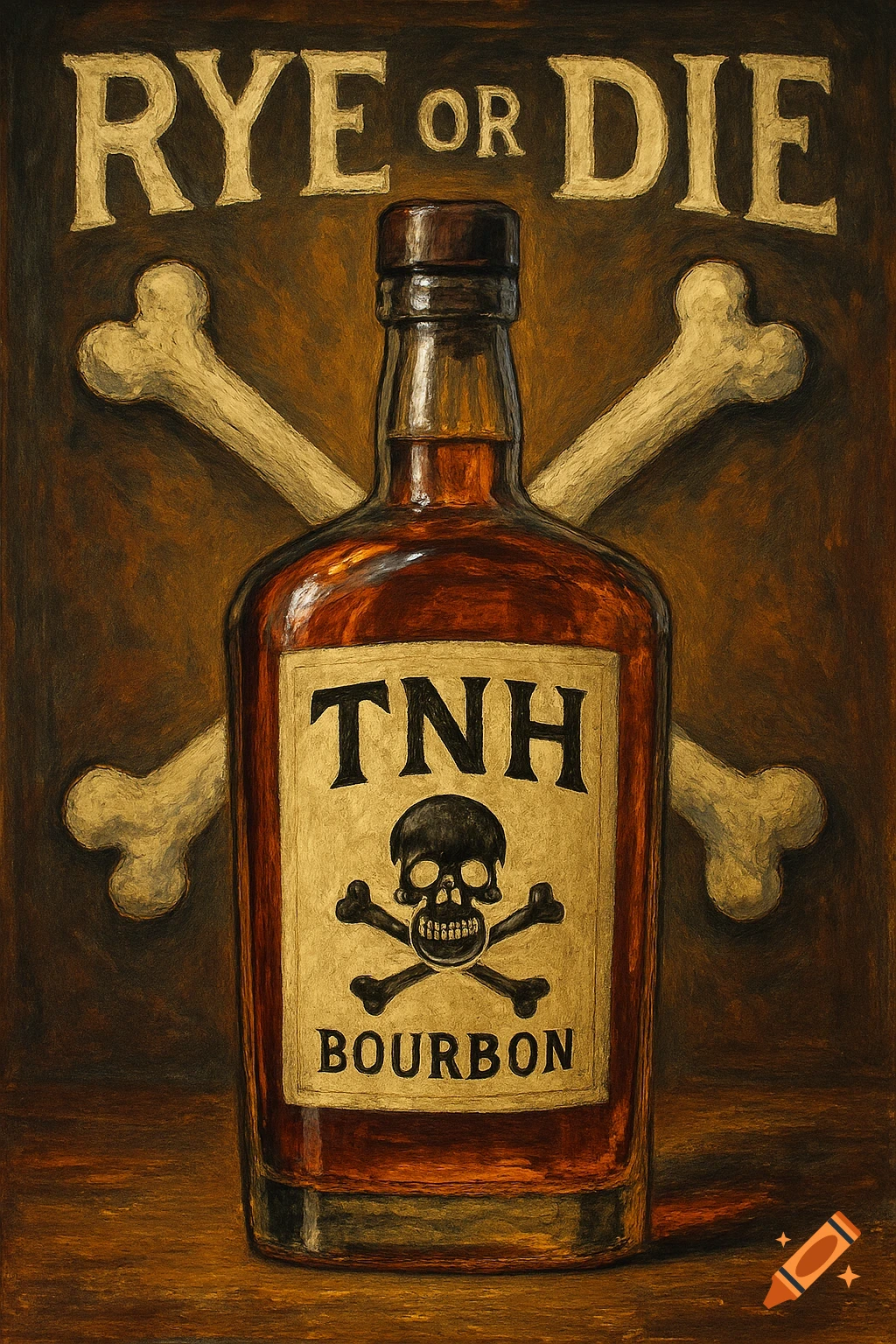 A painterly image of a bourbon bottle labeled "TNH BOURBON" with a skull and crossbones, set against a background of crossed bones and the text "RYE OR DIE".