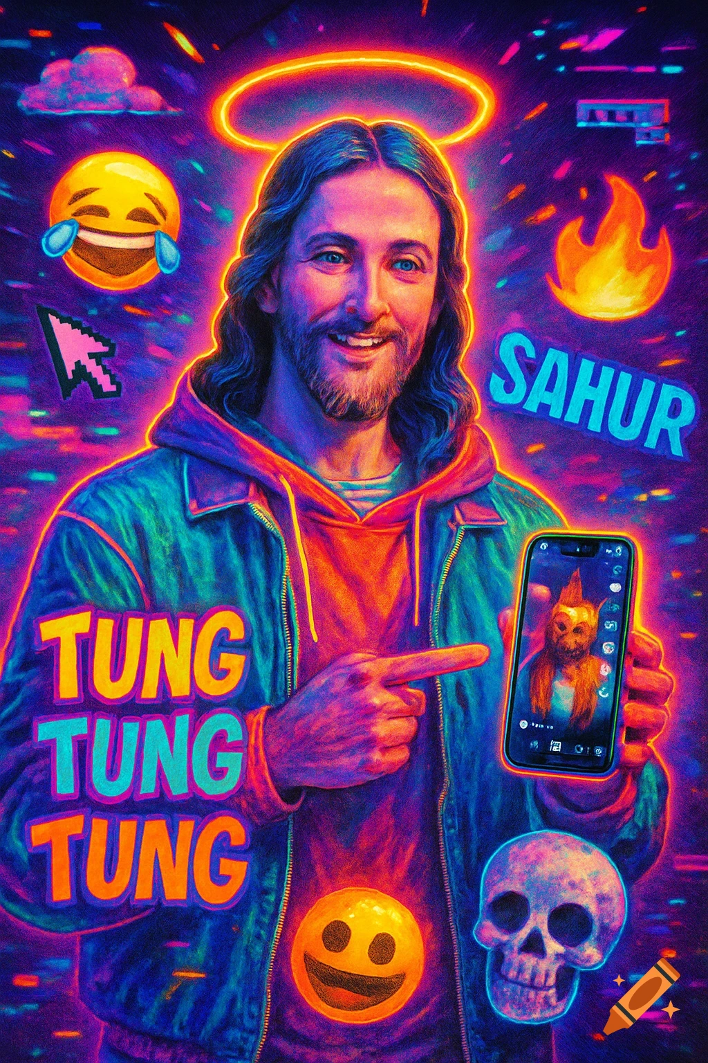Surreal digital art of Jesus in streetwear with a neon halo, surrounded by colorful meme elements like emojis, text, and glitch effects, holding a glowing smartphone.