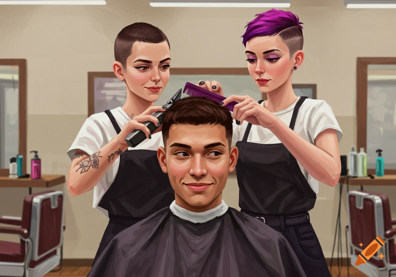 Two barbers giving a young man a haircut in a barbershop, digital art style.