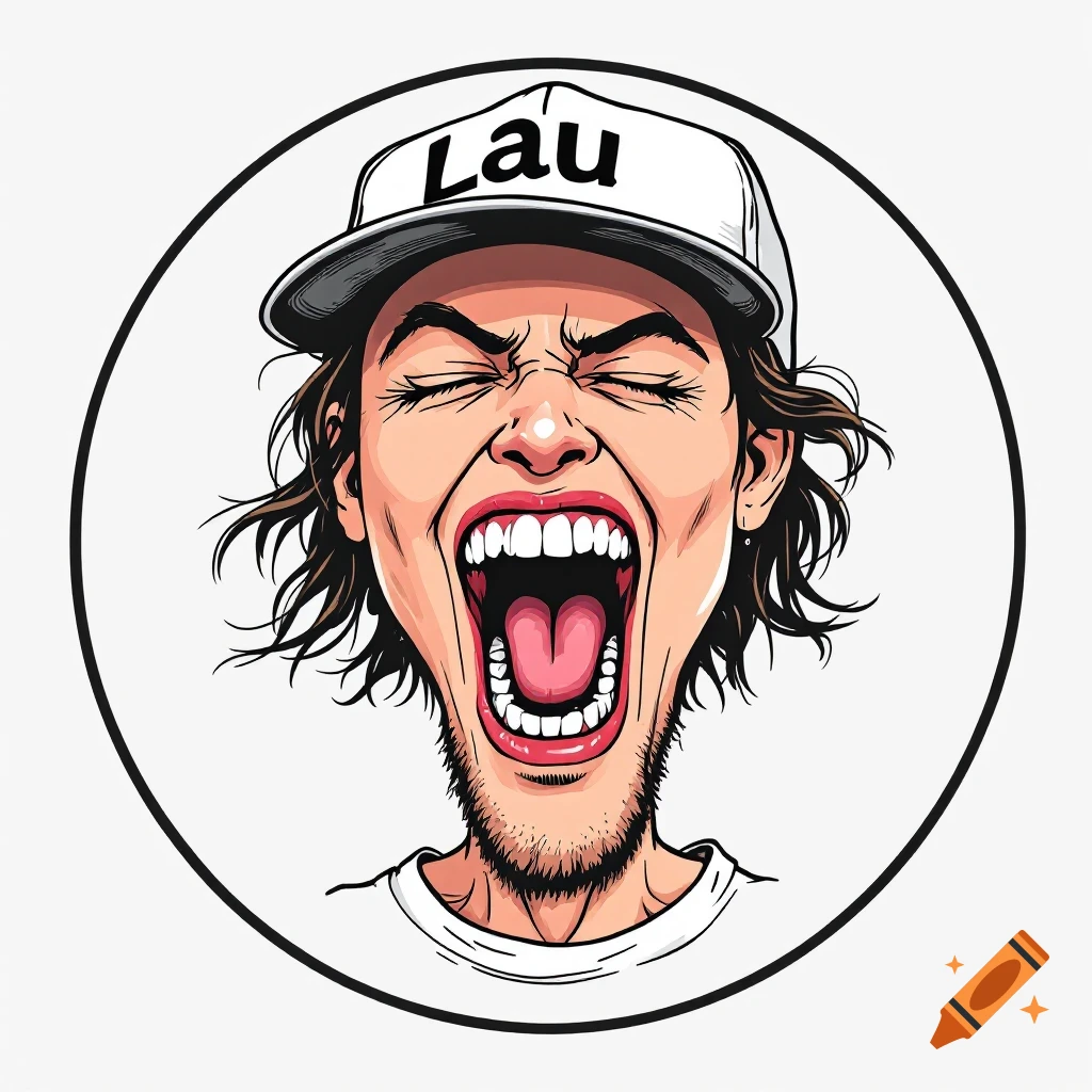 A stylized caricature of a person with a wide-open mouth yelling, wearing a white baseball cap with "Lau" written on it, set within a black circle.