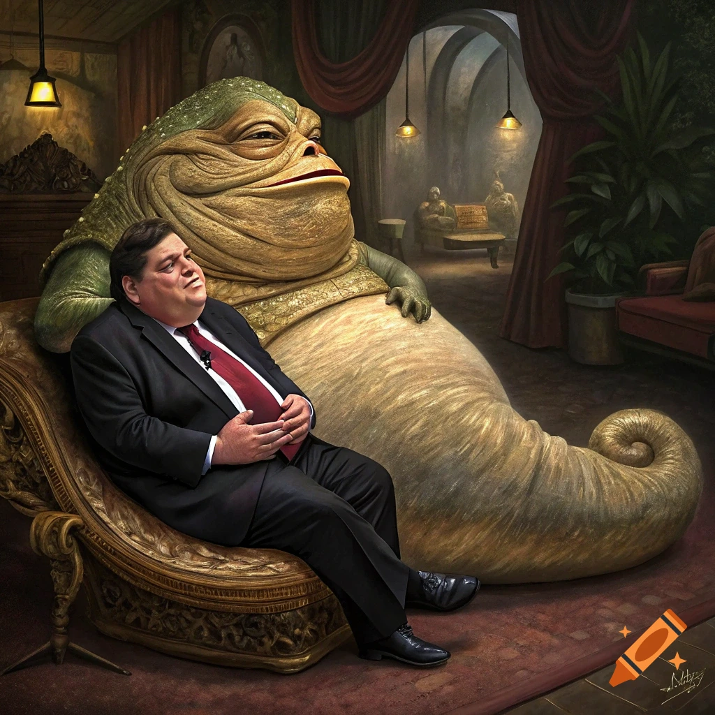 A man in a black suit with a red tie sits on a golden chaise lounge, his body appearing to merge with Jabba the Hutt in a stately room.