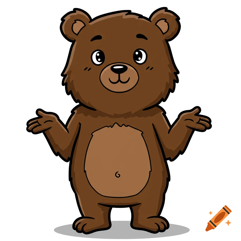 A happy cartoon grizzly bear shrugging.